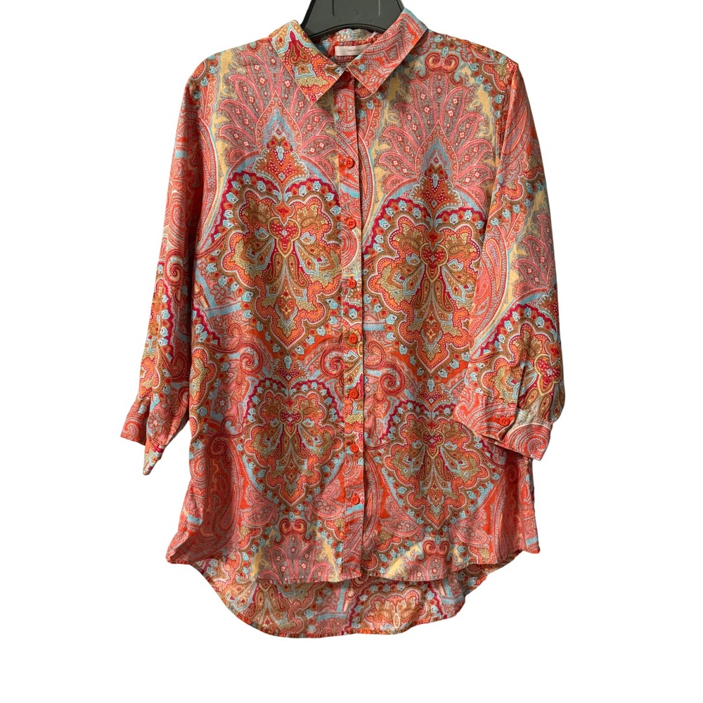 Chicos No Iron Linen Paisley Button Down Shirt Orange Blue Size 1 Medium